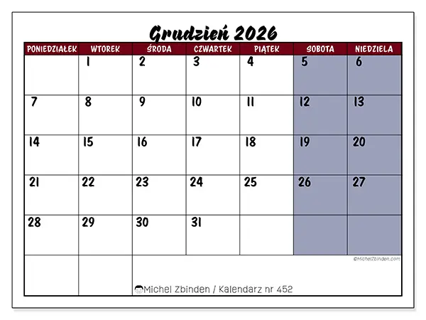 Kalendarz do druku na grudzień 2026 - Zadania w kolorze