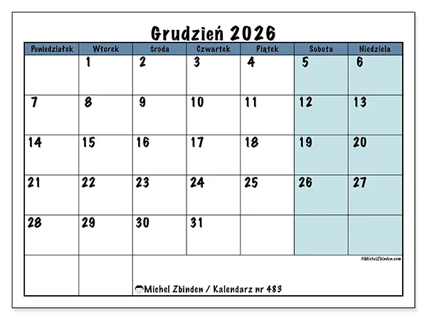 Kalendarz do druku na grudzień 2026 - Struktura dla szkoły