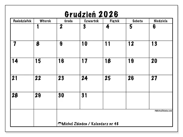 Kalendarz do druku na grudzień 2026 - Codzienne plany
