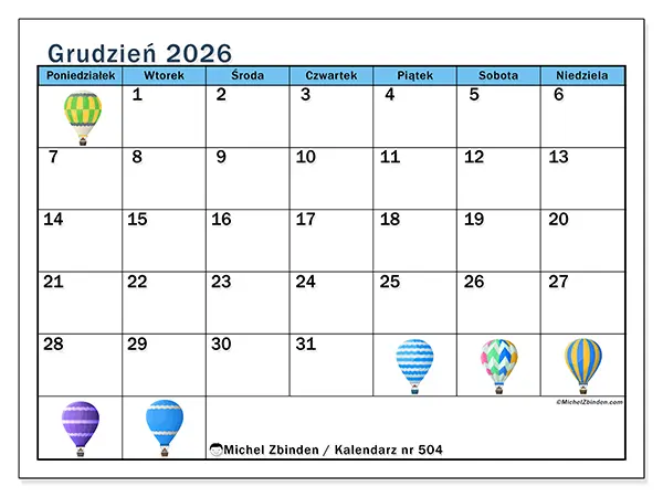 Kalendarz do druku na grudzień 2026 - Balony na gorące powietrze