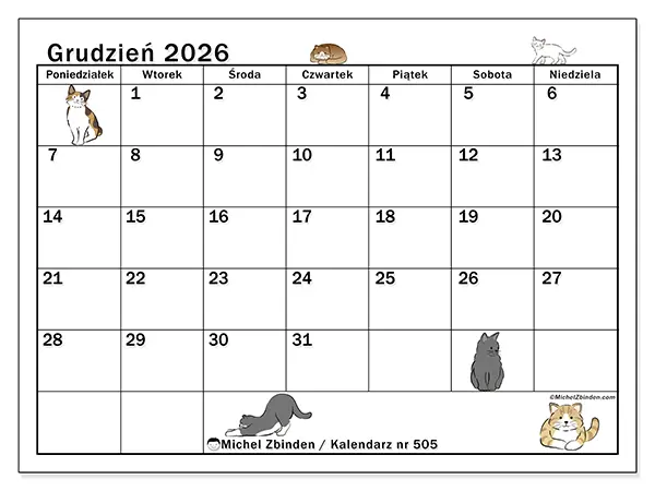Kalendarz do druku na grudzień 2026 - Życie kota