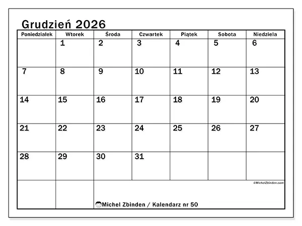 Kalendarz do druku na grudzień 2026 - Przejrzysty miesiąc