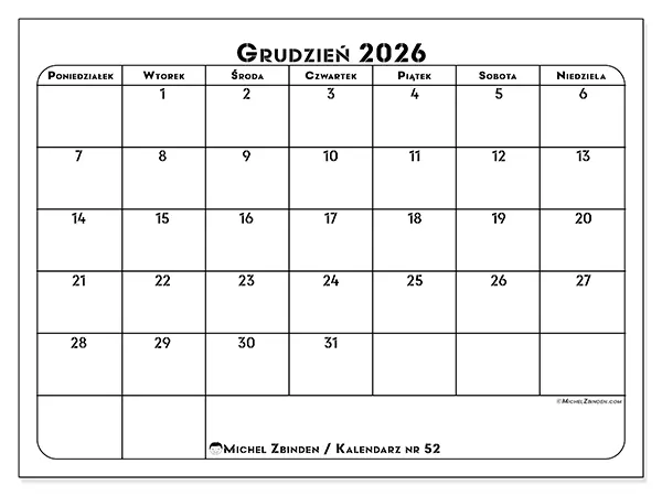 Kalendarz do druku na grudzień 2026 - Plan pracy