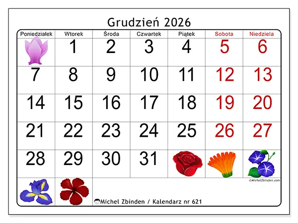 Kalendarz do druku na grudzień 2026 - Duże kwiaty