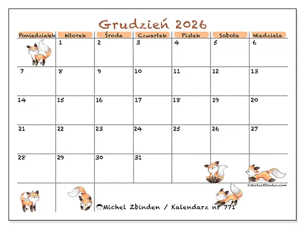 Kalendarz do druku na grudzień 2026 - Rysunki lisów