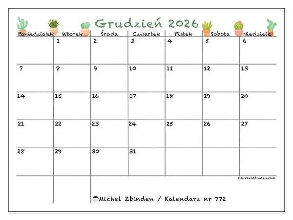 Kalendarz do druku na grudzień 2026 - Dekoracyjne kaktusy