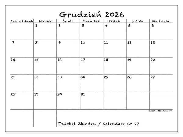 Kalendarz do druku na grudzień 2026 - Szkoła i rodzina