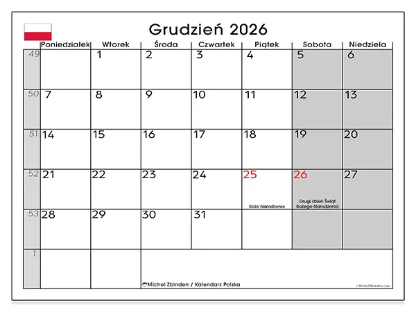 Kalendarz do druku na grudzień 2026 - Polska