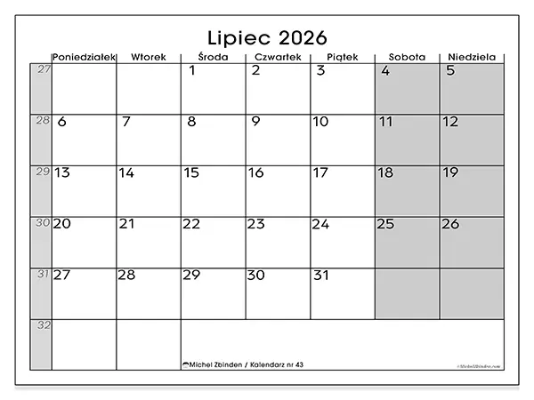 Kalendarz do druku na lipiec 2026 - Przejrzysty widok