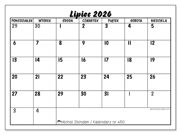 Kalendarz do druku na lipiec 2026 - Szczegółowy model