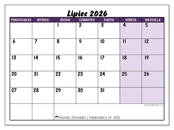 Kalendarz do druku na lipiec 2026 - Kolorowe zadania