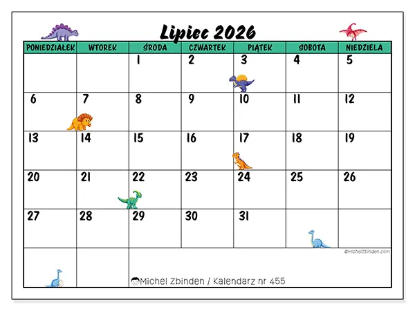 Kalendarz do druku na lipiec 2026 - Małe dinozaury