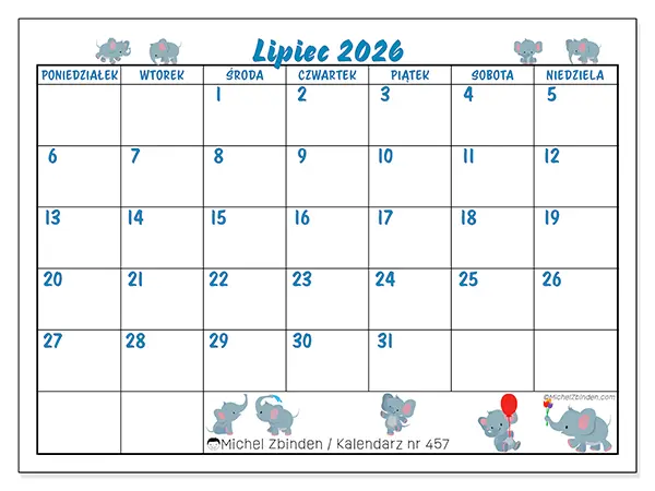 Kalendarz do druku na lipiec 2026 - Małe słonie