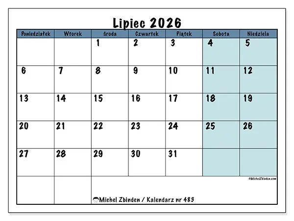 Kalendarz do druku na lipiec 2026 - Struktura dla szkoły