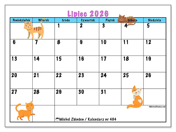 Kalendarz do druku na lipiec 2026 - Miłość do kotów