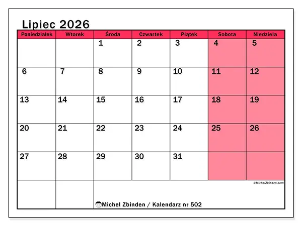 Kalendarz do druku na lipiec 2026 - Jasne zarządzanie