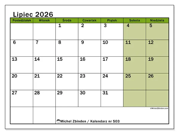 Kalendarz do druku na lipiec 2026 - Naturalne kolory