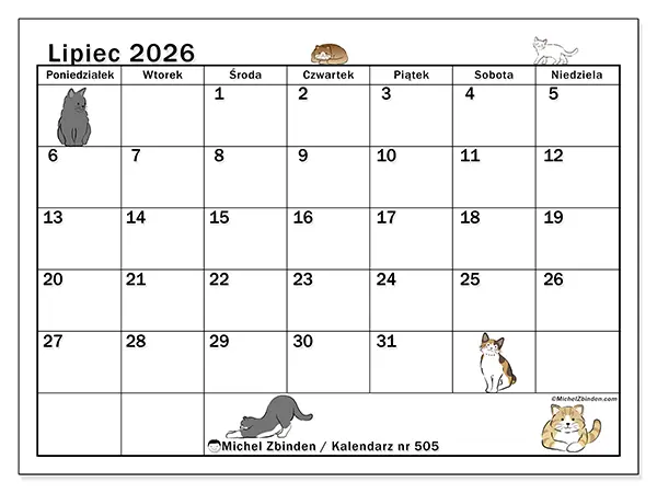 Kalendarz do druku na lipiec 2026 - Życie kota