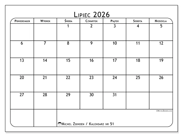 Kalendarz do druku na lipiec 2026 - Planer posiłków