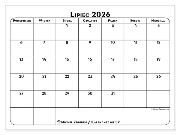 Kalendarz do druku na lipiec 2026 - Plan pracy
