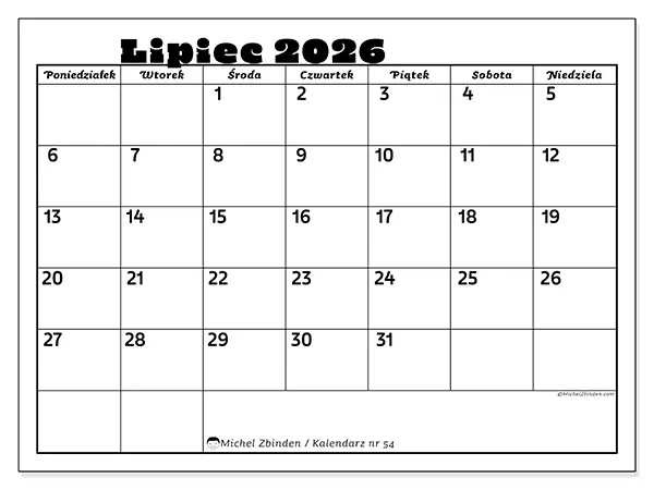 Kalendarz do druku na lipiec 2026 - Aktywności rodzinne