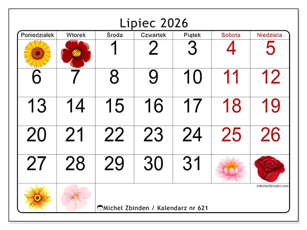 Kalendarz do druku na lipiec 2026 - Duże kwiaty