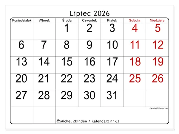 Kalendarz do druku na lipiec 2026 - Szybki przegląd