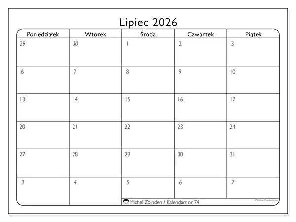 Kalendarz do druku na lipiec 2026 - Dni robocze