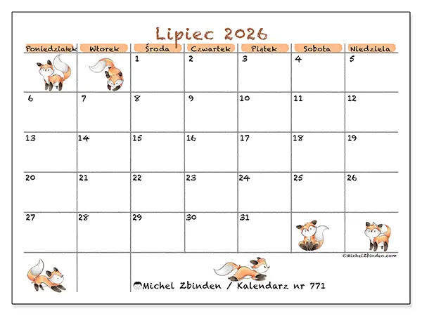 Kalendarz do druku na lipiec 2026 - Rysunki lisów