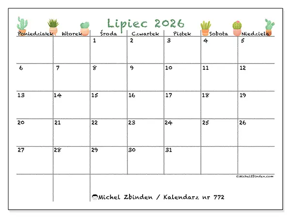 Kalendarz do druku na lipiec 2026 - Dekoracyjne kaktusy