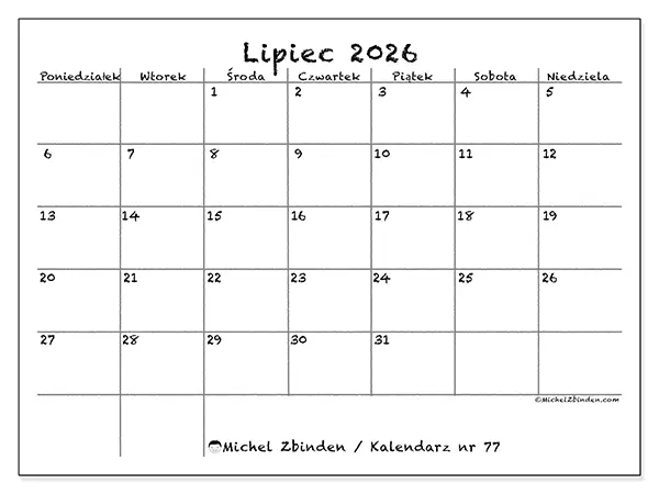 Kalendarz do druku na lipiec 2026 - Szkoła i rodzina