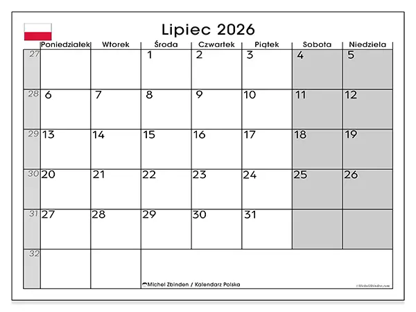 Kalendarz do druku na lipiec 2026 - Polska