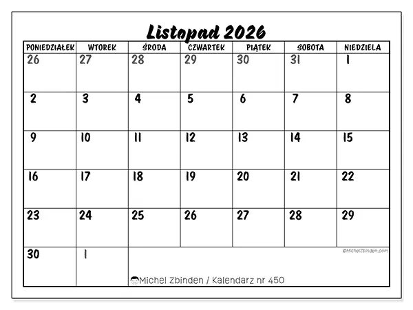 Kalendarz do druku na listopad 2026 - Szczegółowy model