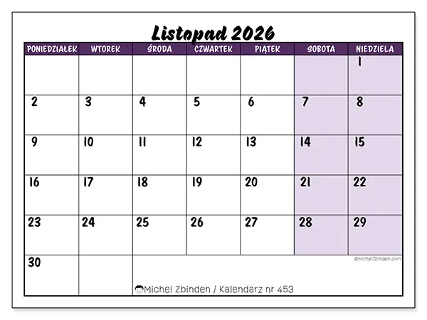 Kalendarz do druku na listopad 2026 - Kolorowe zadania