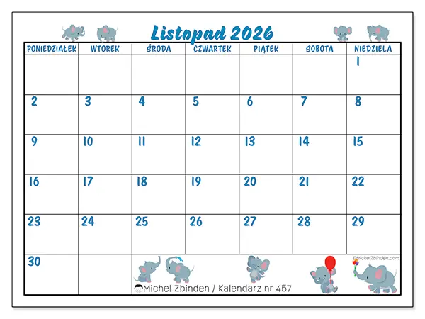 Kalendarz do druku na listopad 2026 - Małe słonie
