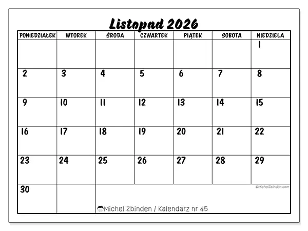 Kalendarz do druku na listopad 2026 - Sukces szkolny