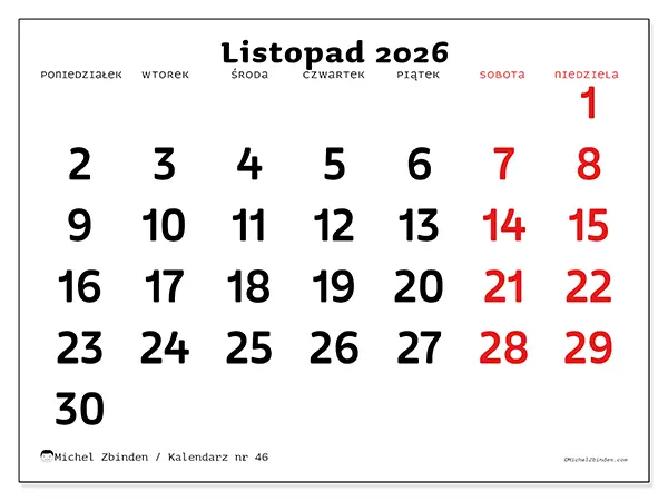 Kalendarz do druku na listopad 2026 - Jasna wizja