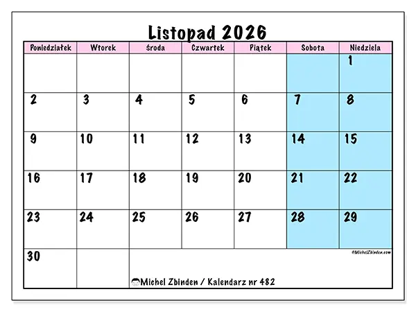 Kalendarz do druku na listopad 2026 - Harmonogram zespołu