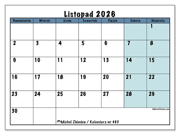 Kalendarz do druku na listopad 2026 - Struktura dla szkoły