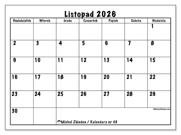 Kalendarz do druku na listopad 2026 - Codzienne plany