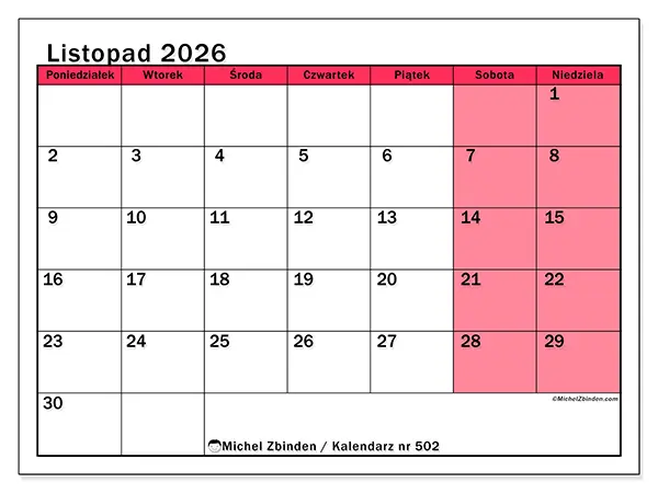 Kalendarz do druku na listopad 2026 - Jasne zarządzanie