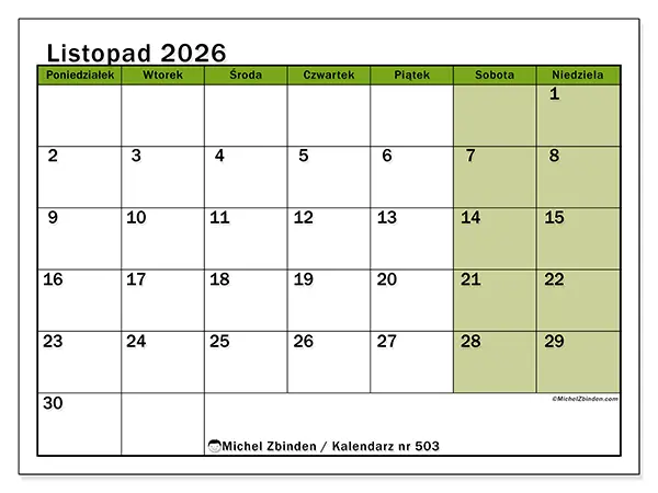 Kalendarz do druku na listopad 2026 - Naturalne kolory