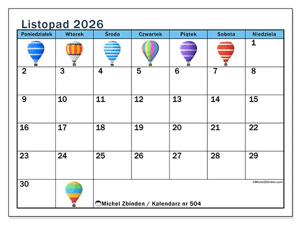 Kalendarz do druku na listopad 2026 - Balony na gorące powietrze