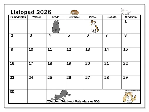 Kalendarz do druku na listopad 2026 - Życie kota