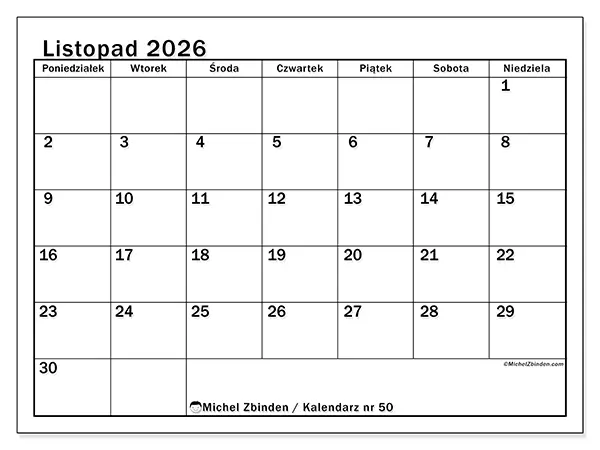 Kalendarz do druku na listopad 2026 - Przejrzysty miesiąc