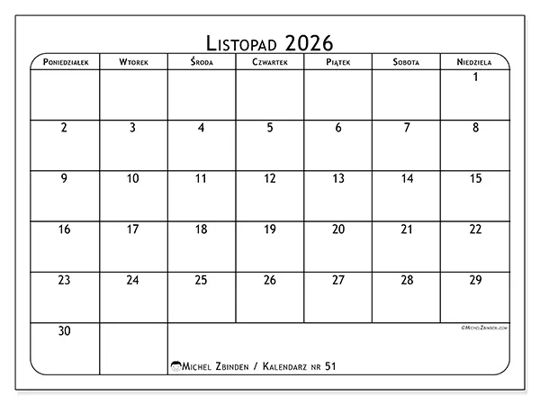 Kalendarz do druku na listopad 2026 - Planer posiłków