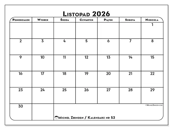 Kalendarz do druku na listopad 2026 - Plan pracy