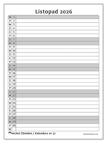 Kalendarz do druku na listopad 2026 - Lista aktywności