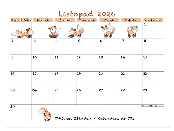 Kalendarz do druku na listopad 2026 - Rysunki lisów