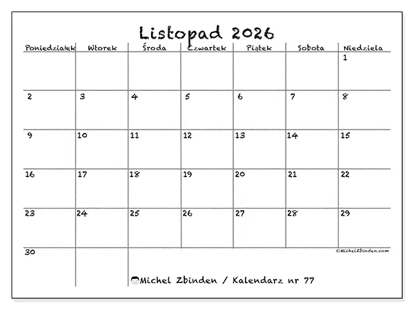 Kalendarz do druku na listopad 2026 - Szkoła i rodzina
